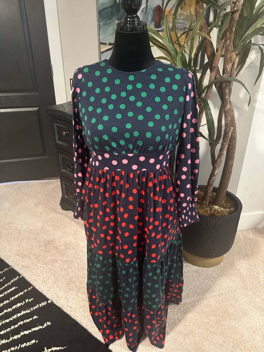 Boden Navy Polka Dot Long Sleeve Midi Dress with Green, Pink & Red Dots